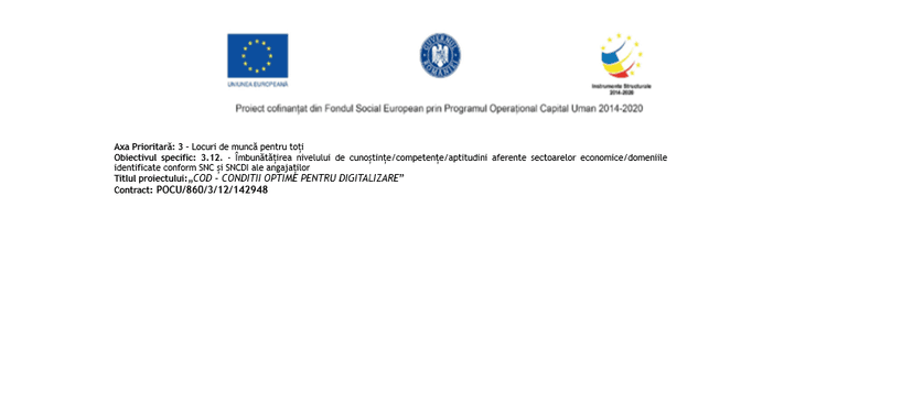 ASOCIATIA CENTRUL NATIONAL PENTRU DEZVOLTAREA RESURSELOR UMANE EUROSTUDY, anunță încheierea de parteneriatele cu 8 IMM-uri, care vor beneficia de sprijin pentru valorificarea potențialului de digitalizare şi organizarea de programe de învățare la locul de muncă prin proiectul „COD – CONDITII OPTIME PENTRU DIGITALIZARE”